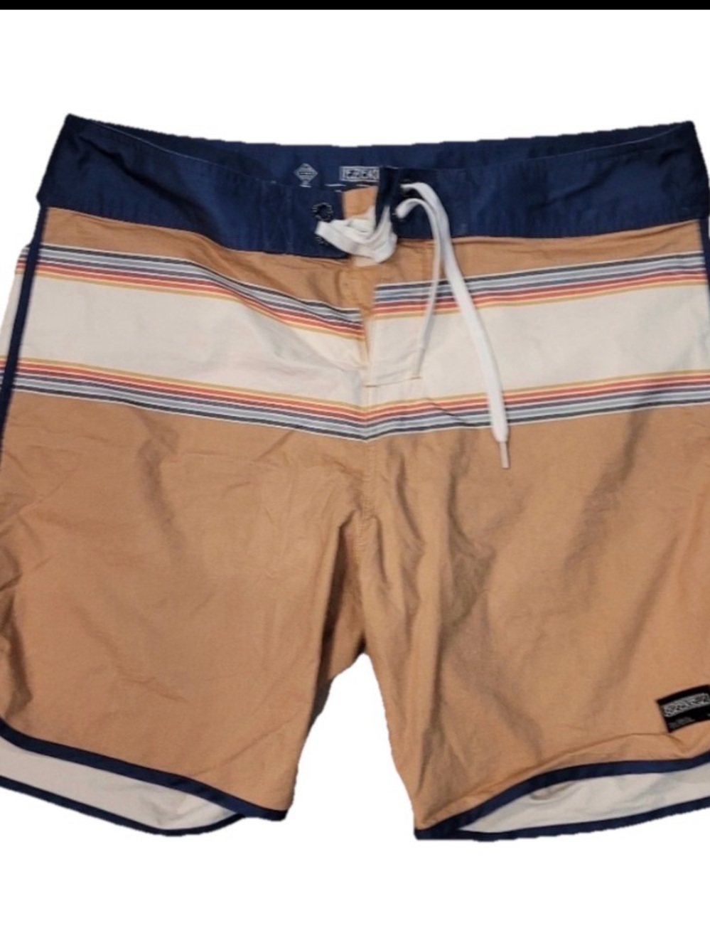 Men's Ezekiel Tan Stripe Swim Trunks with Navy Waistband size 34 NWT